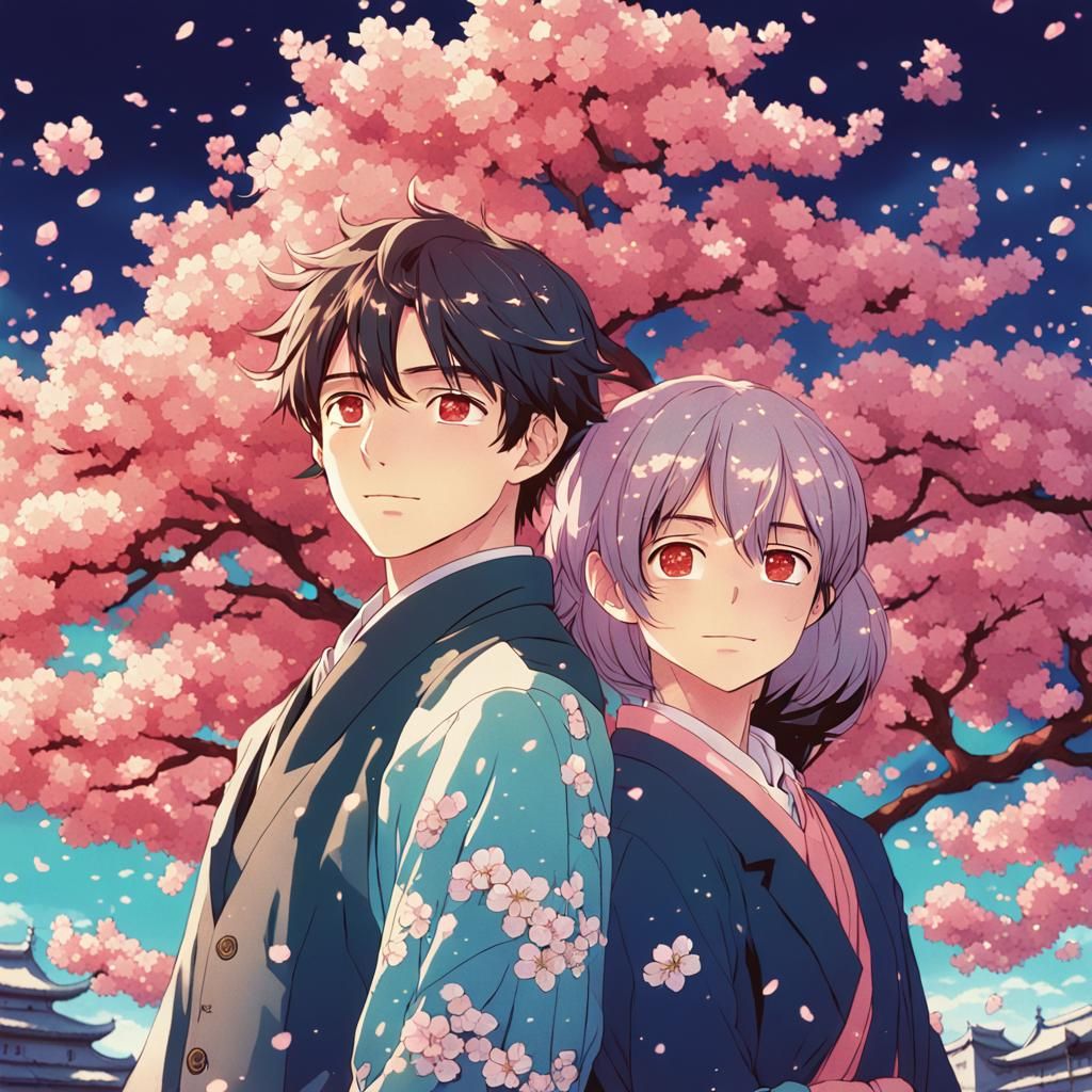 Anime Couple Holding Hands in Cherry Blossoms