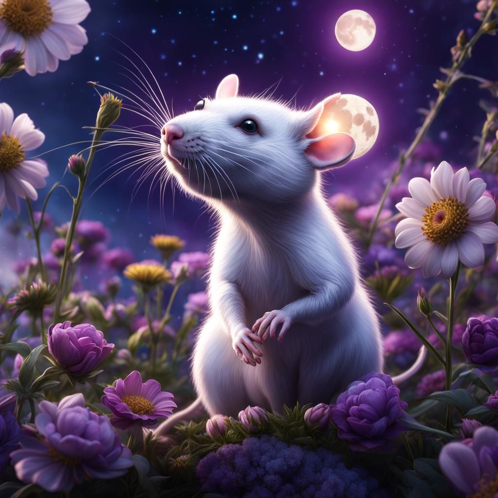 Rat with Pastel Flowers in a Starry Sky