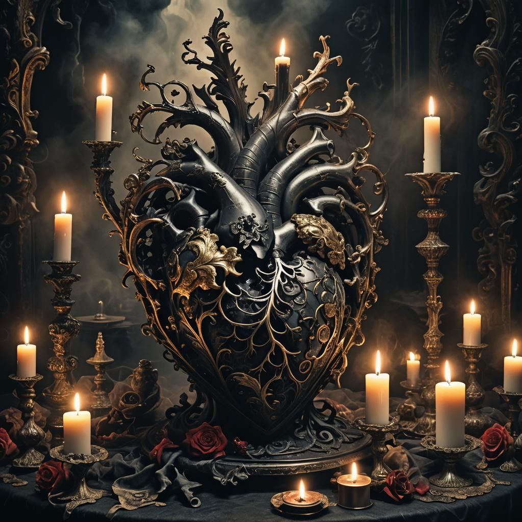 A Dark, Ornate Anatomy of the Heart in Baroque Style