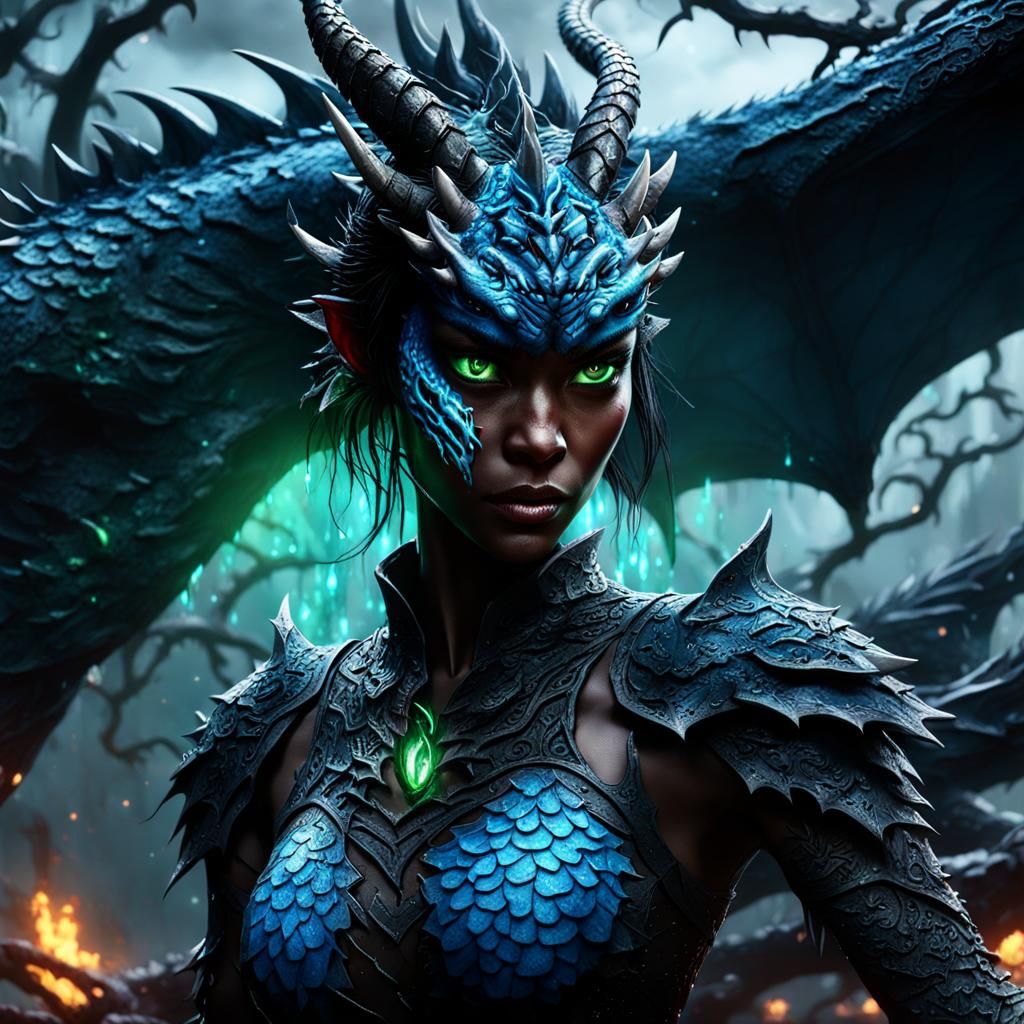 Dark Fantasy Girl with Dragon in Hyperdetailed Style
