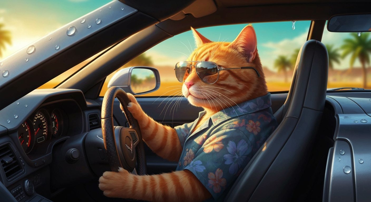 Tabby Cat Drives Corvette in Miami, Futuristic Realism