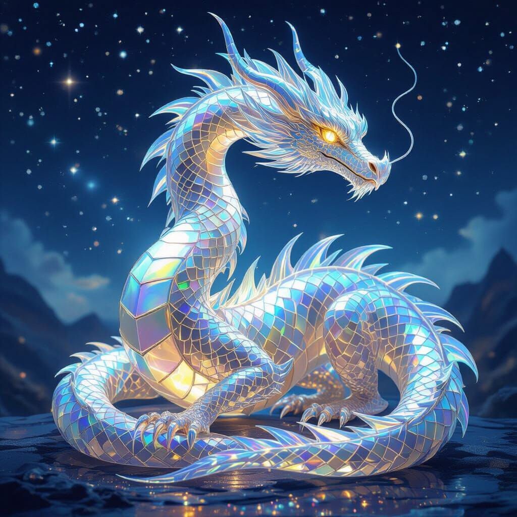 Majestic Glass Dragon in Starry Night Sky