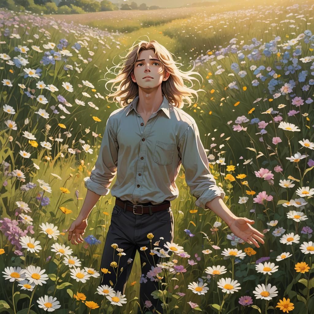 Studio Ghibli Style Man in Flower Field