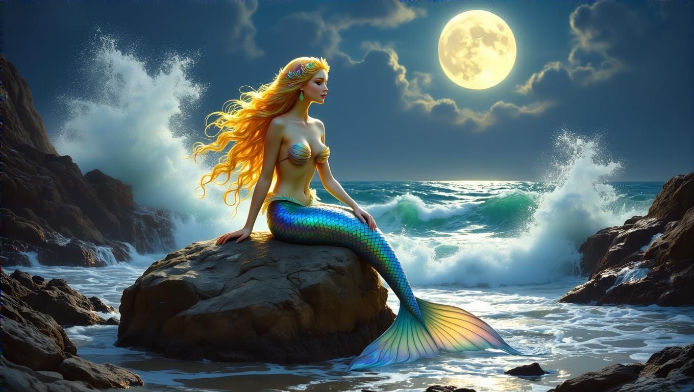 Majestic Mermaid Under Moonlit Ocean