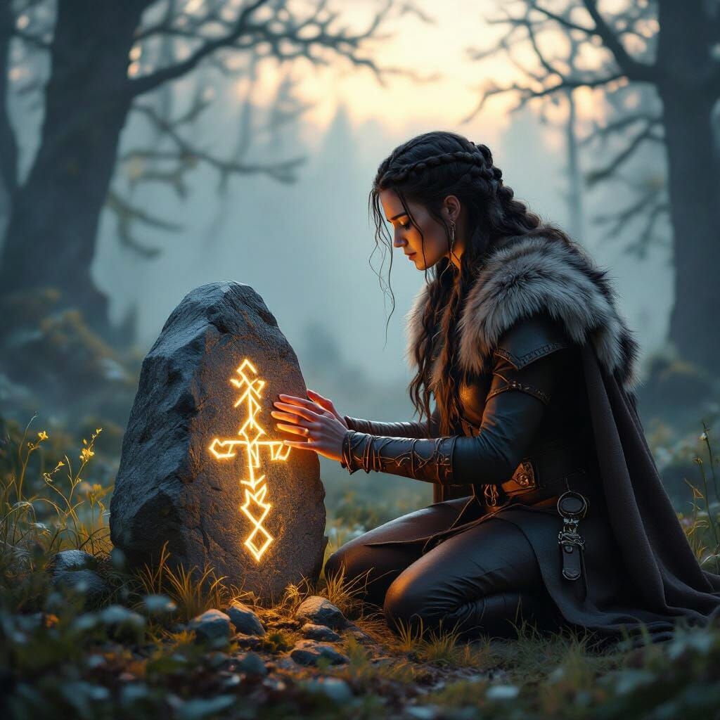 Viking Woman and Glowing Runestone in Misty Forest