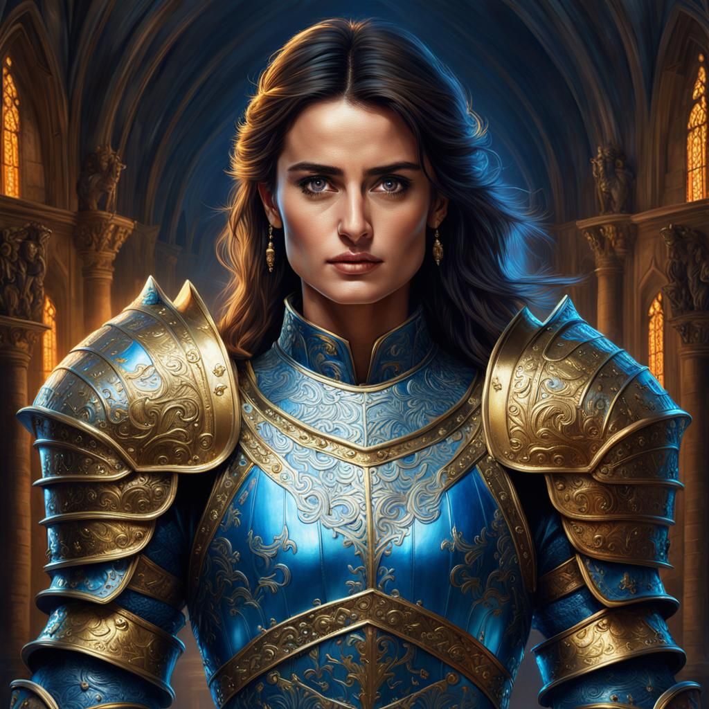 Penélope Cruz as a Knight in Gold Armor
