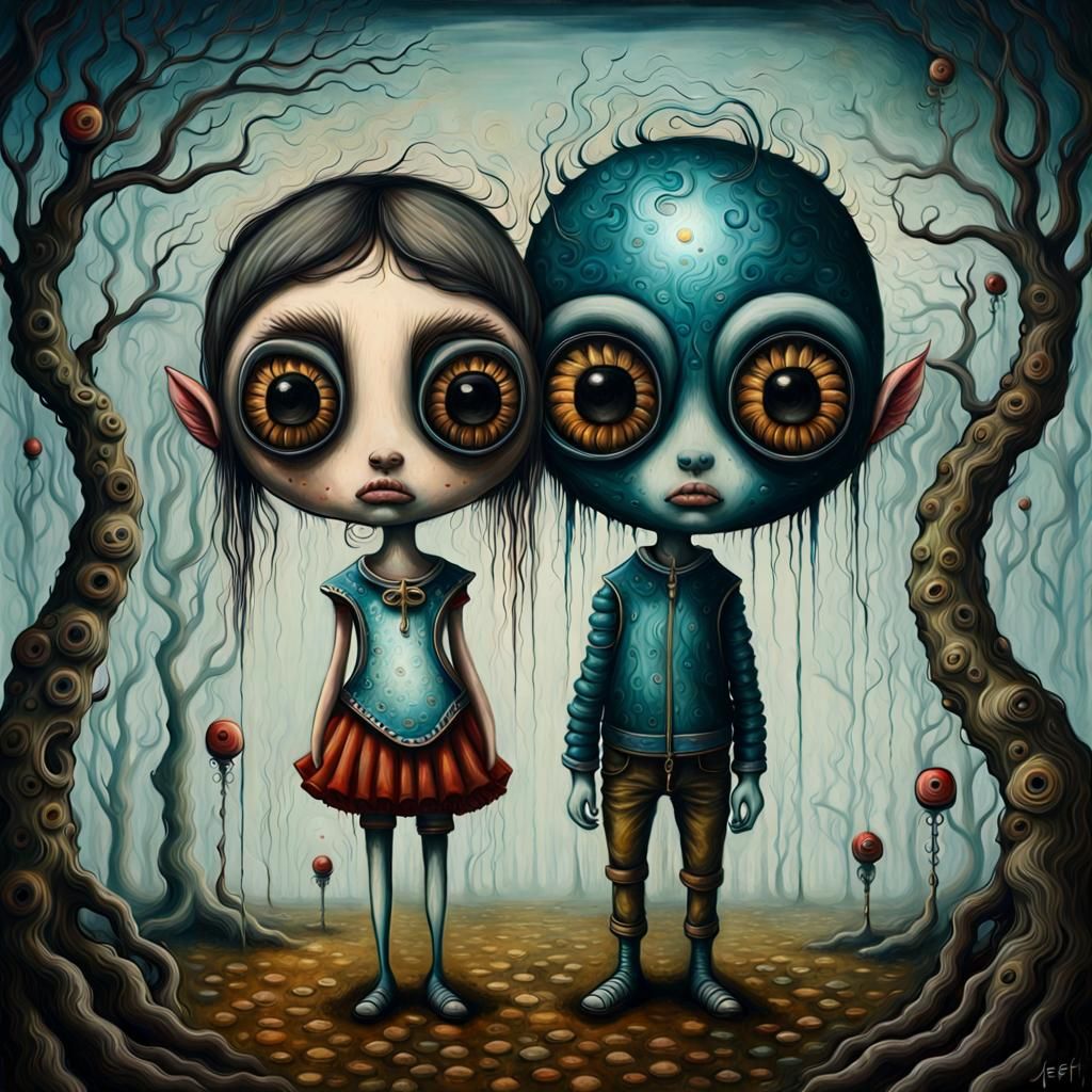 Pop Surrealist Painting of Two Figures with Detailed Eyes