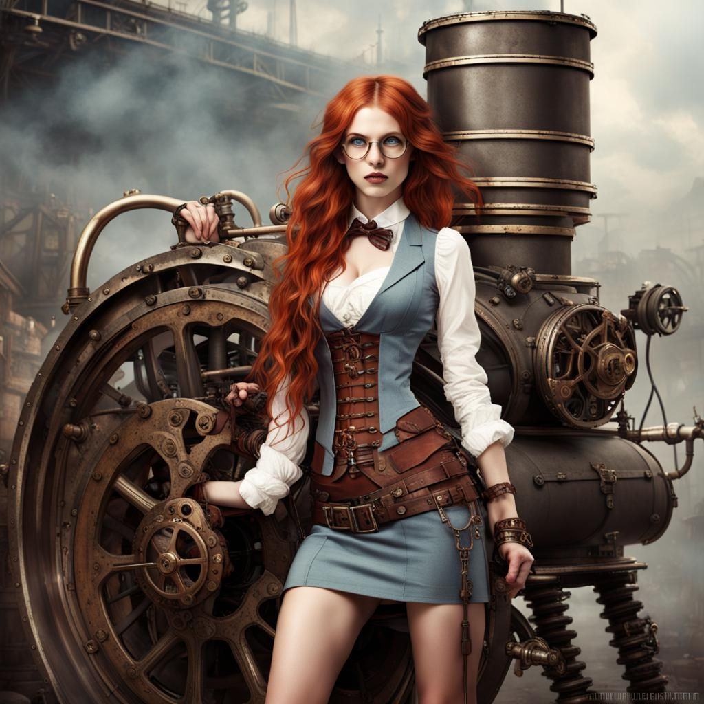 Steampunk Redhead with Long Hair and Short Skirt