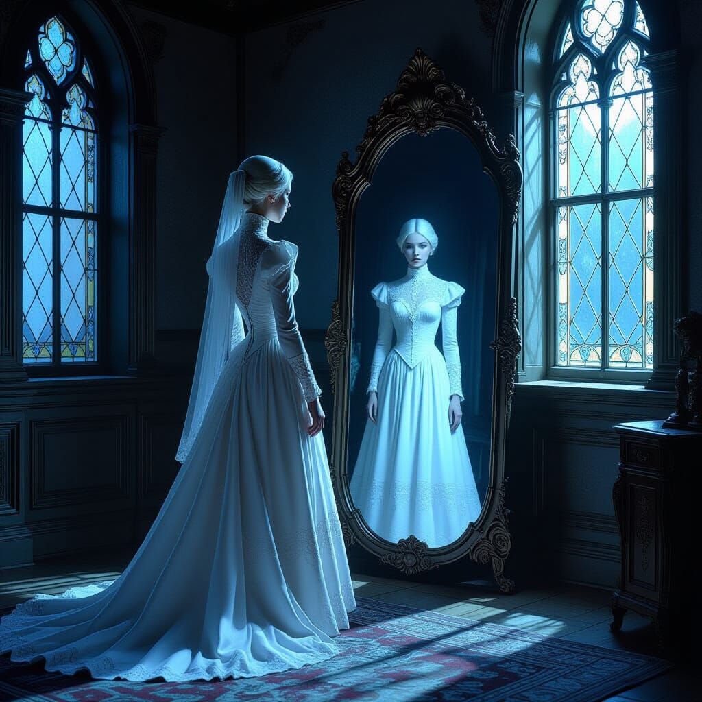 Pale Woman in White Dress by Antique Mirror
