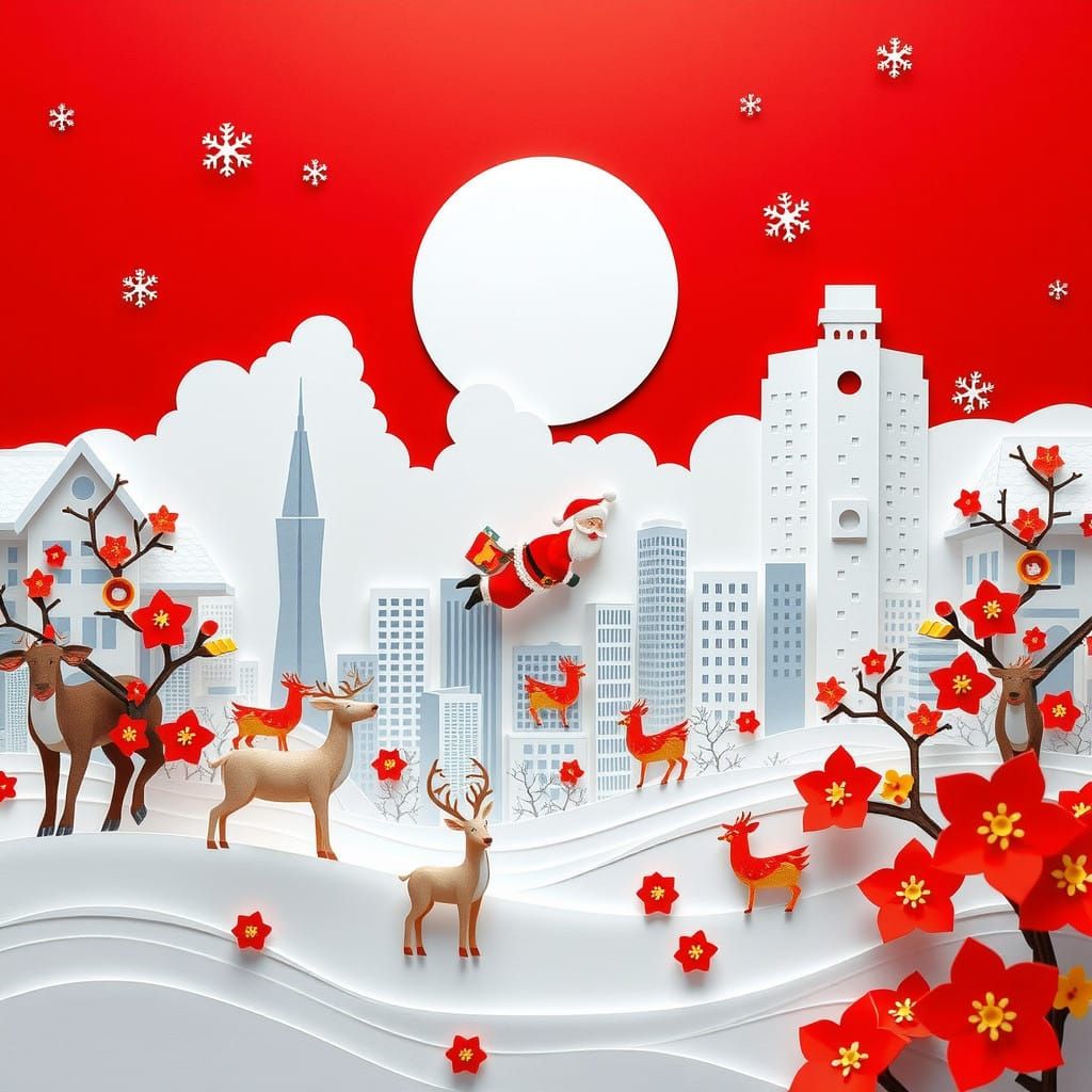 Whimsical Shenzhen Christmas Scene in Intricate Paper-Cut St...