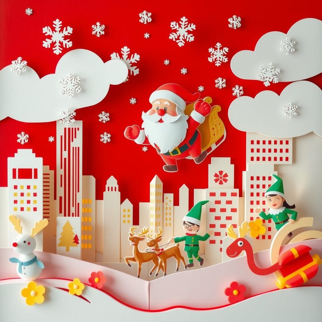 Whimsical Christmas City Scene in Vibrant Red