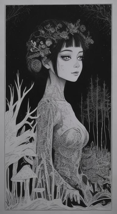 Enchanted Forest House with Fungi in Monochromatic Linocut