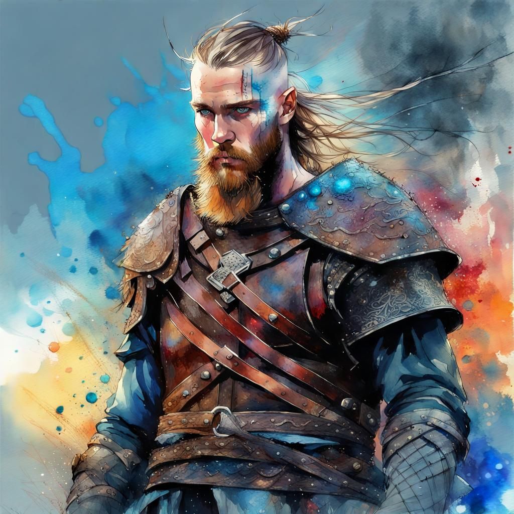 Handsome Viking Warrior in Digital Watercolor Art