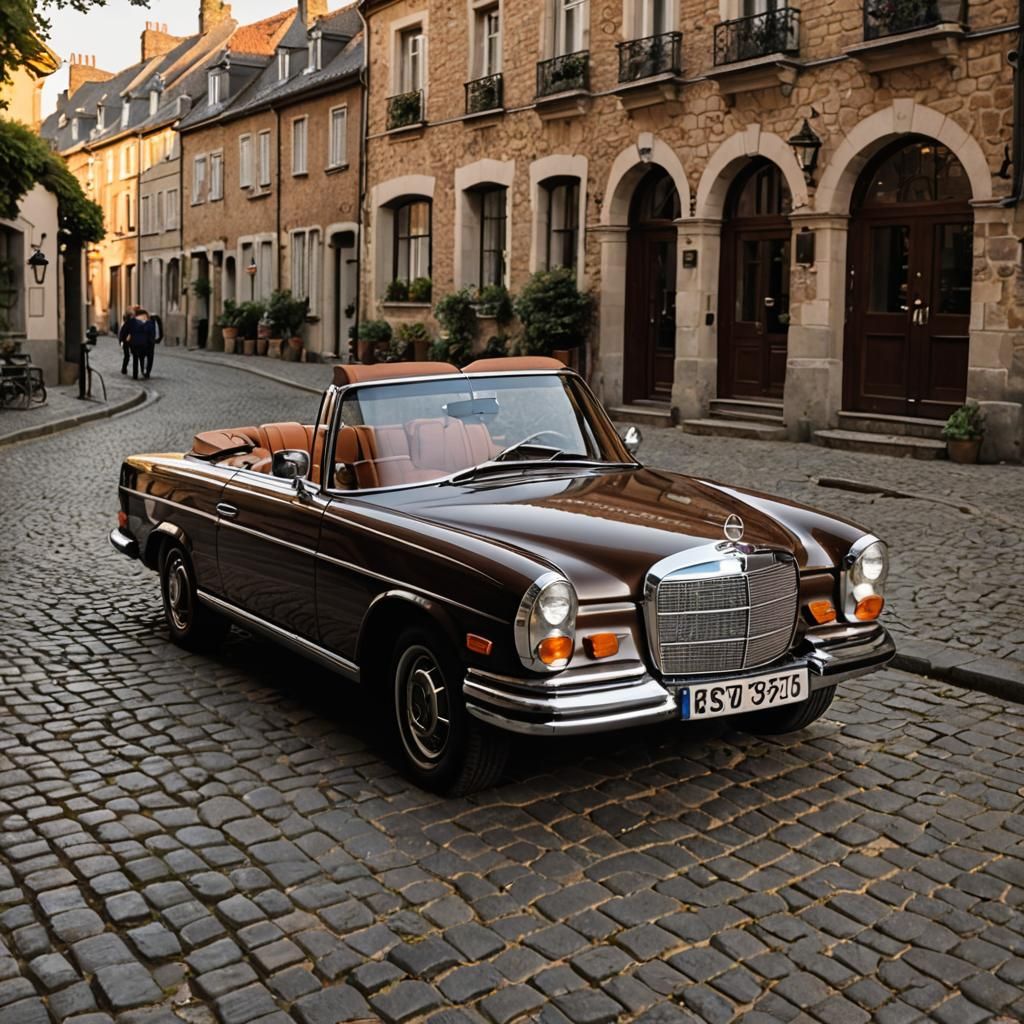 Sweet Miss Choco’late’ brown sugar rested her 1970 Mercedes Benz 280SE 3.5 Cabriolet Convertible on a cobblestone street...