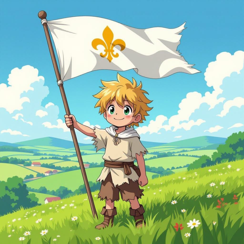Smiling Boy with Fleur-de-Lis Flag in Manga Style