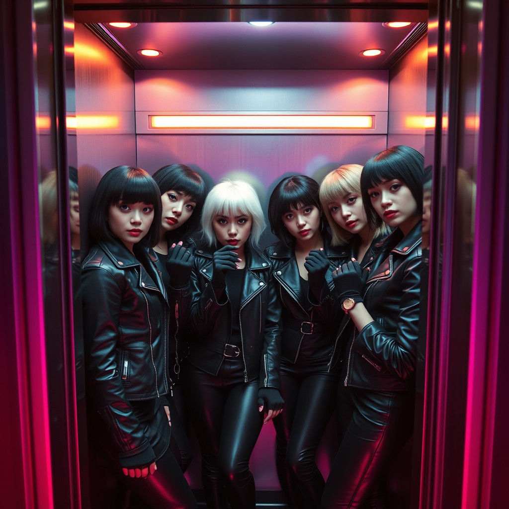 Crowded Elevator: Women in Leather, Synthwave Neon Retro Sty...