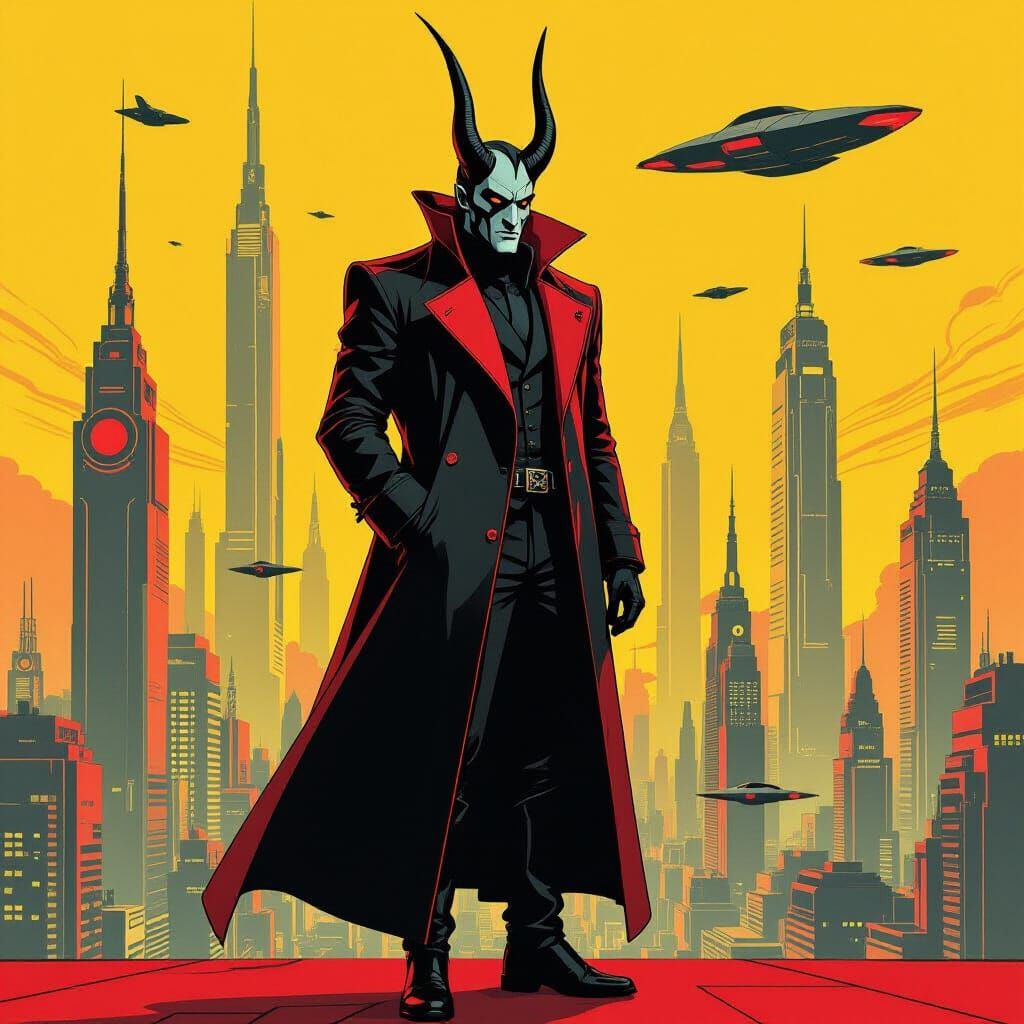 Hades in Retro-Futuristic Cityscape, Bold Vintage Outlines