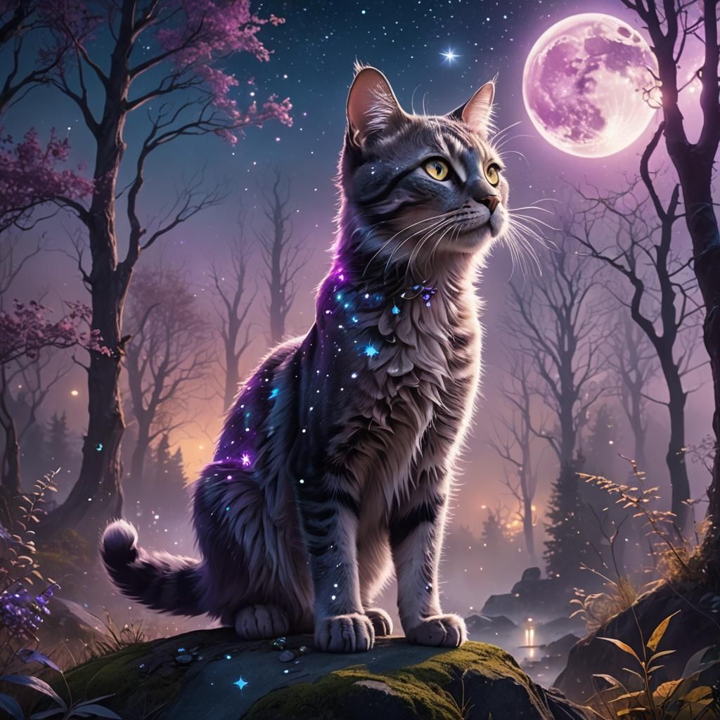 Magical Cat with Stardust Paws in Misty Forest