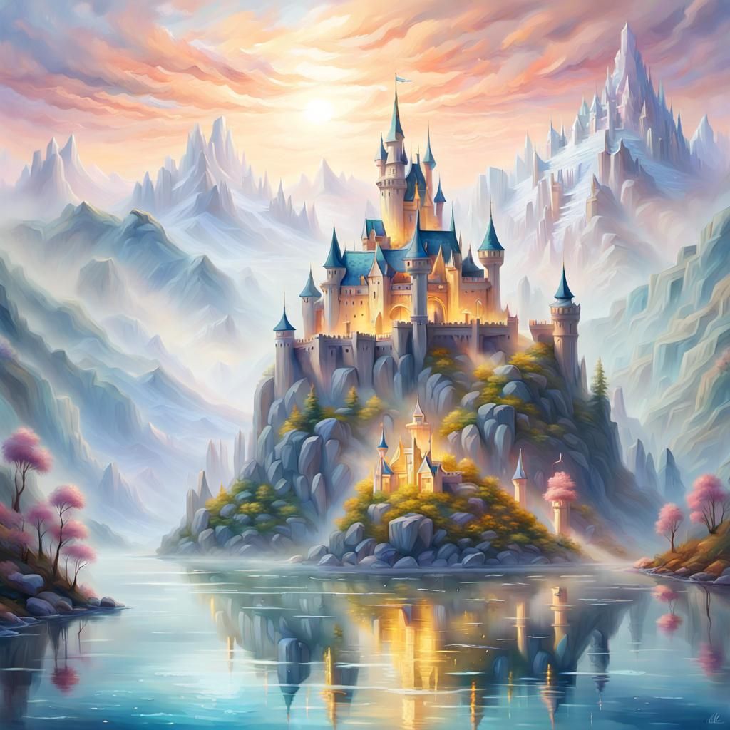 Crystal Castle in Dreamy Impressionist Landscape