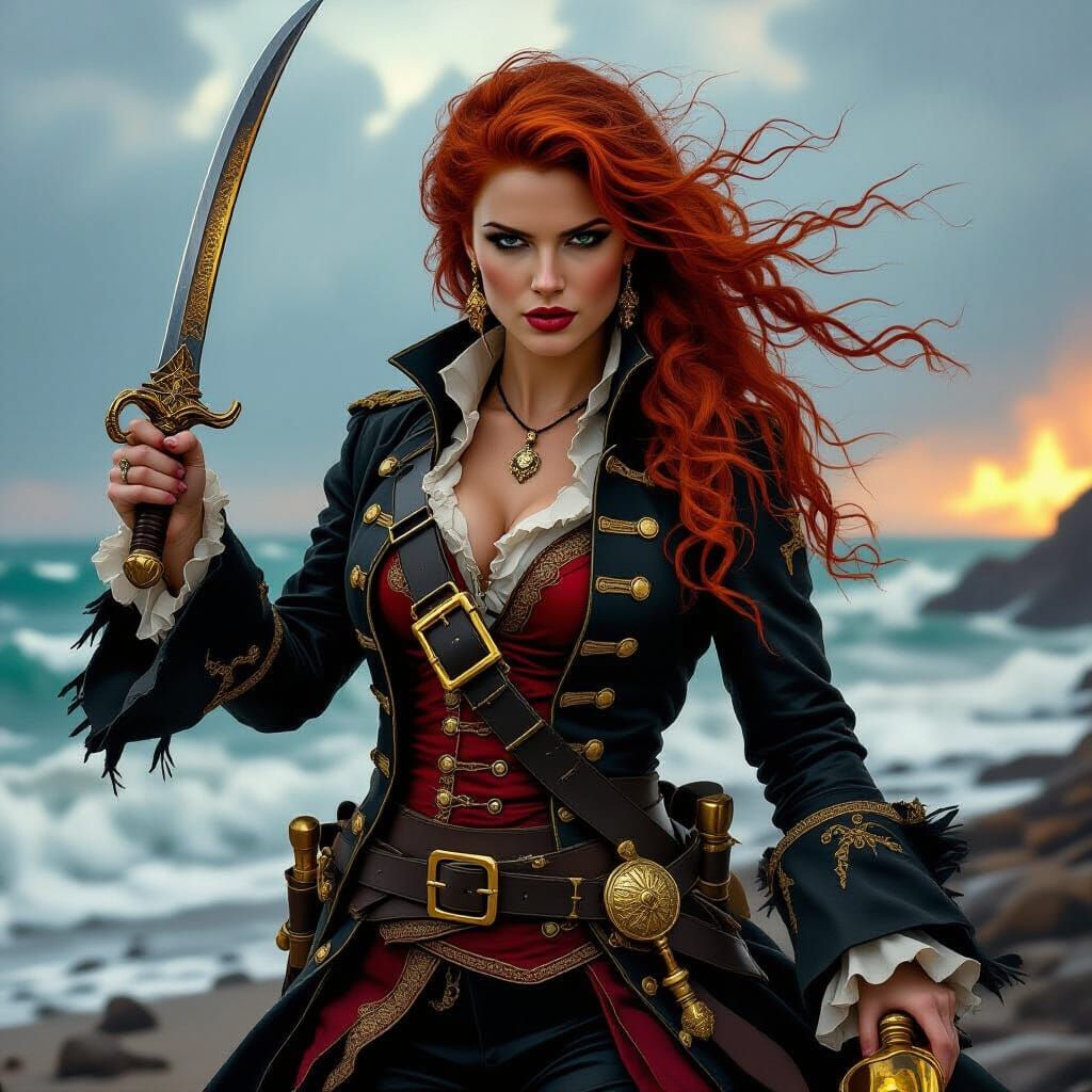 Scarlet Rogue: Baroque Pirate Captain on Stormy Shore