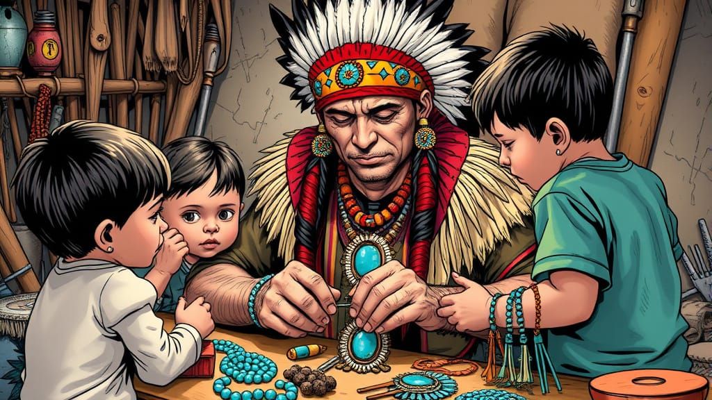 Native American Father Crafts Jewelry in Comic Style