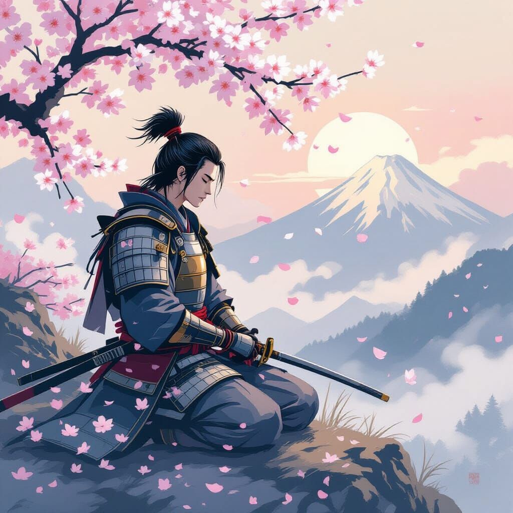 Samurai Meditating on Misty Mountain Peak at Dawn