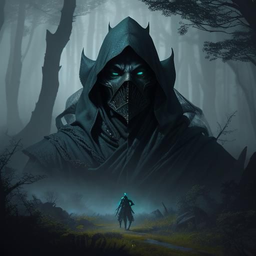 Masked Assassin in Mystical Forest, Dark Fantasy Art