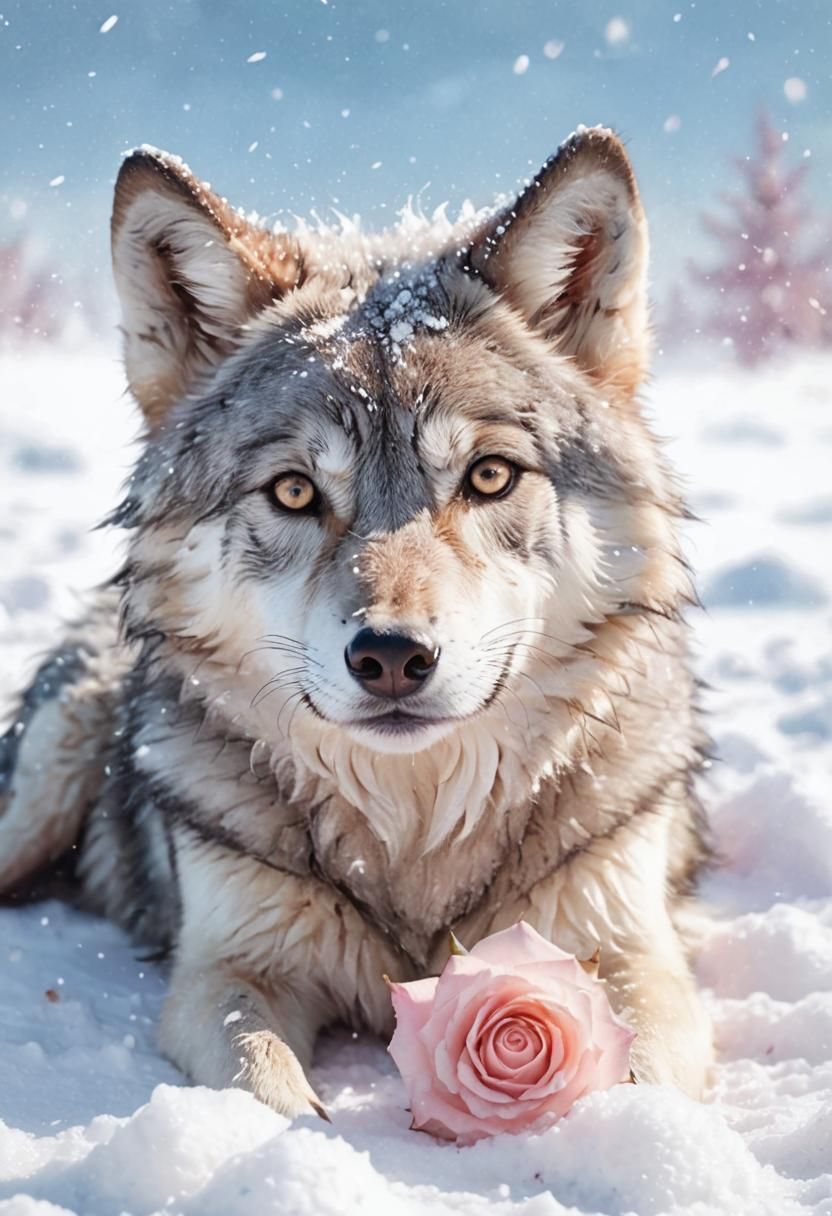 Grey Wolf Pup with Rose in Whimsical Digital Art
