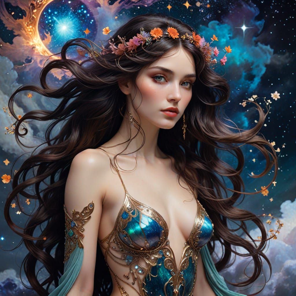 Siren of the Cosmic Cosmos in Art Nouveau Style