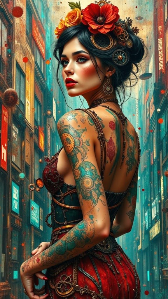 Steampunk Art Nouveau Woman in Neon Metropolis