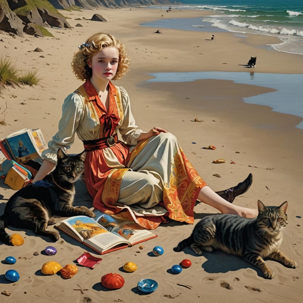 Woman with Cat and Dog on Beach, Baroque Style