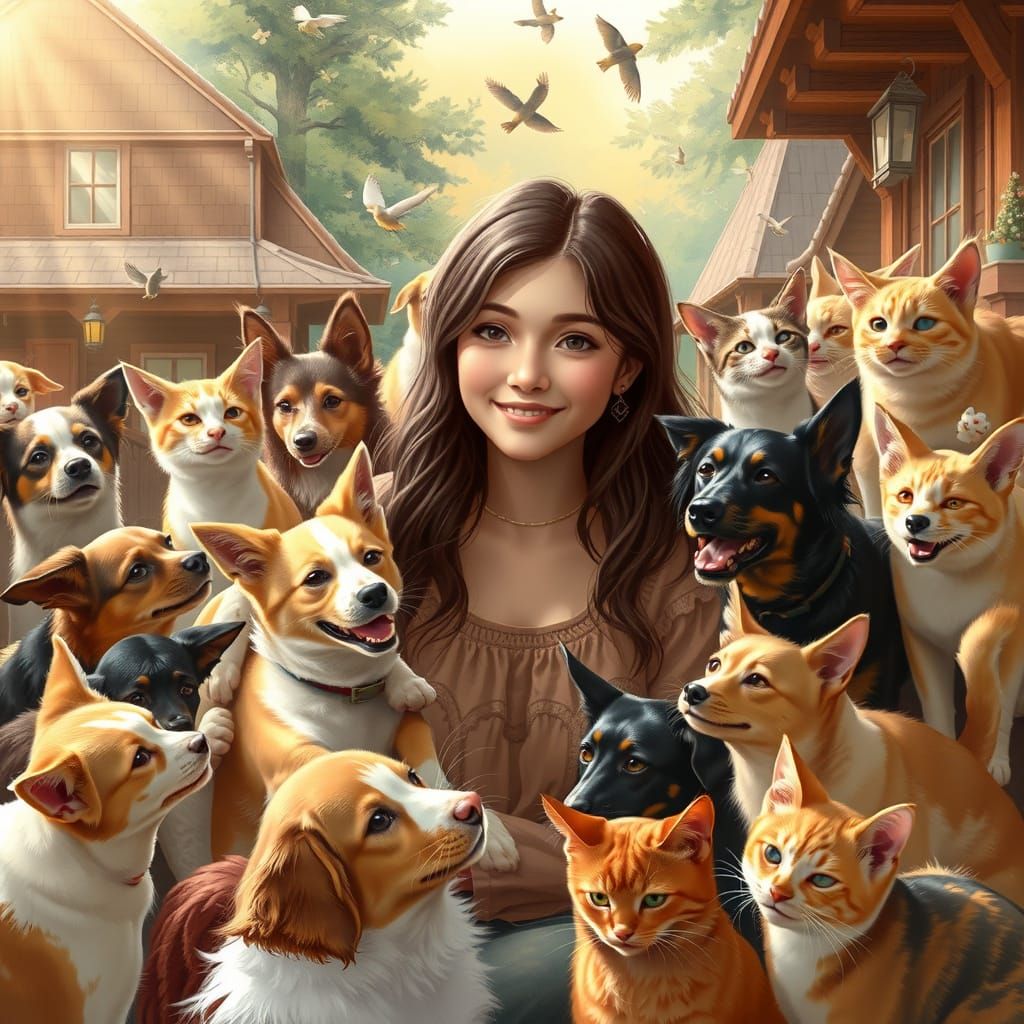 Compassionate Young Woman Surrounded by Playful Animals in a...