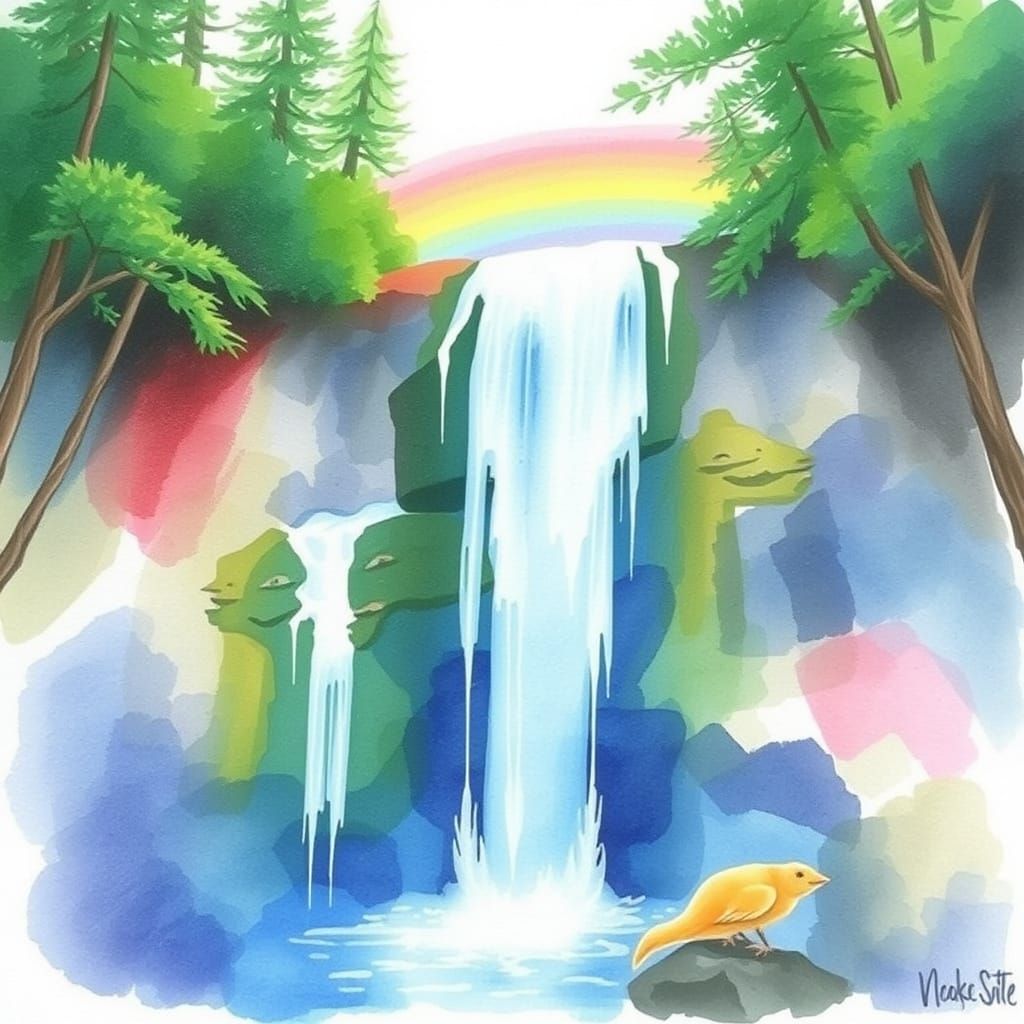 Waterfall in Whimsical Watercolor
