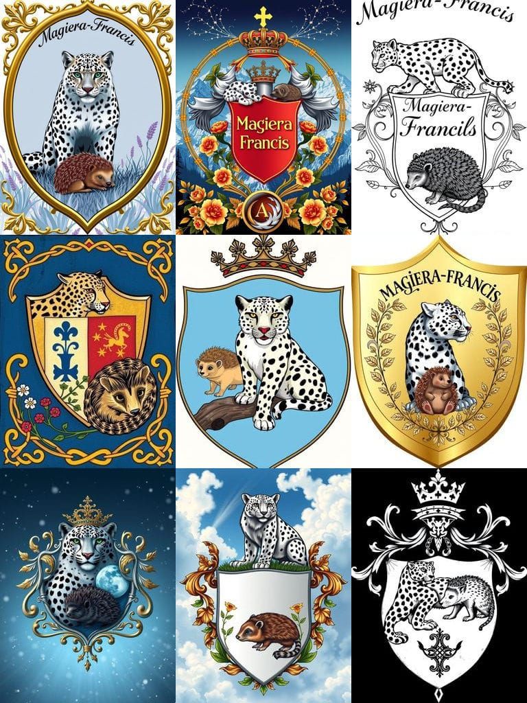 Family Crest Shield with Snow Leopard and Hedgehog Motifs in...