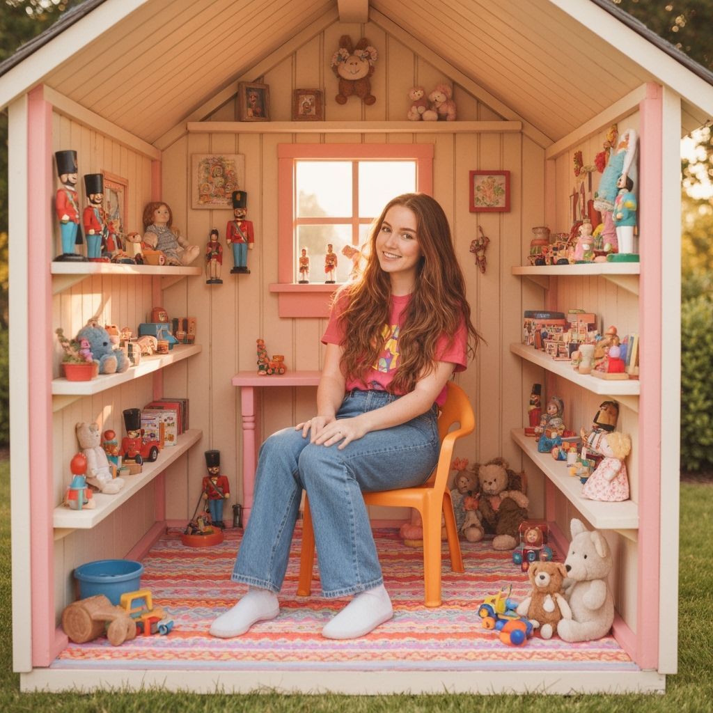 Woman in Playhouse, Childlike Whimsical Illustration