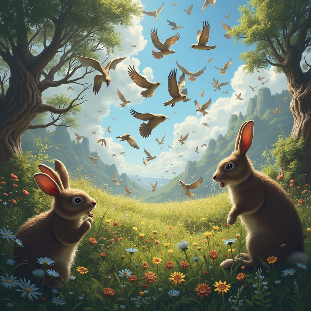 Birds in Mid-Air Chaos, Rabbits Cover Their Ears in a Vibran...