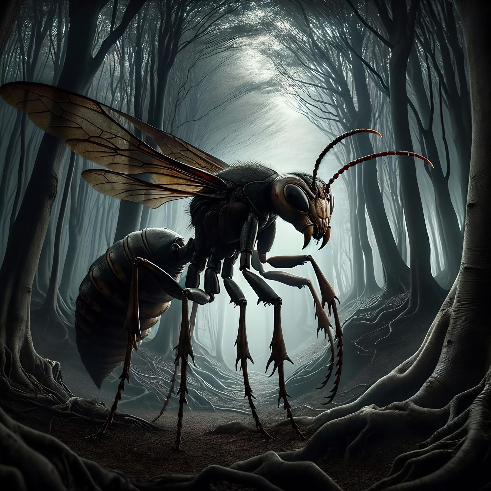 Terrifying Wasp Woman Creature in Dark Forest