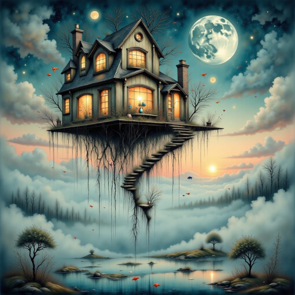 Floating House Amidst Surreal Mist and Mirror Landscape
