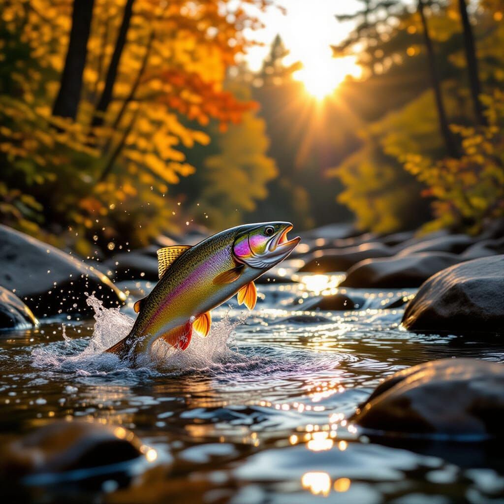 Brook Trout Leaps Through Fall Forest Stream