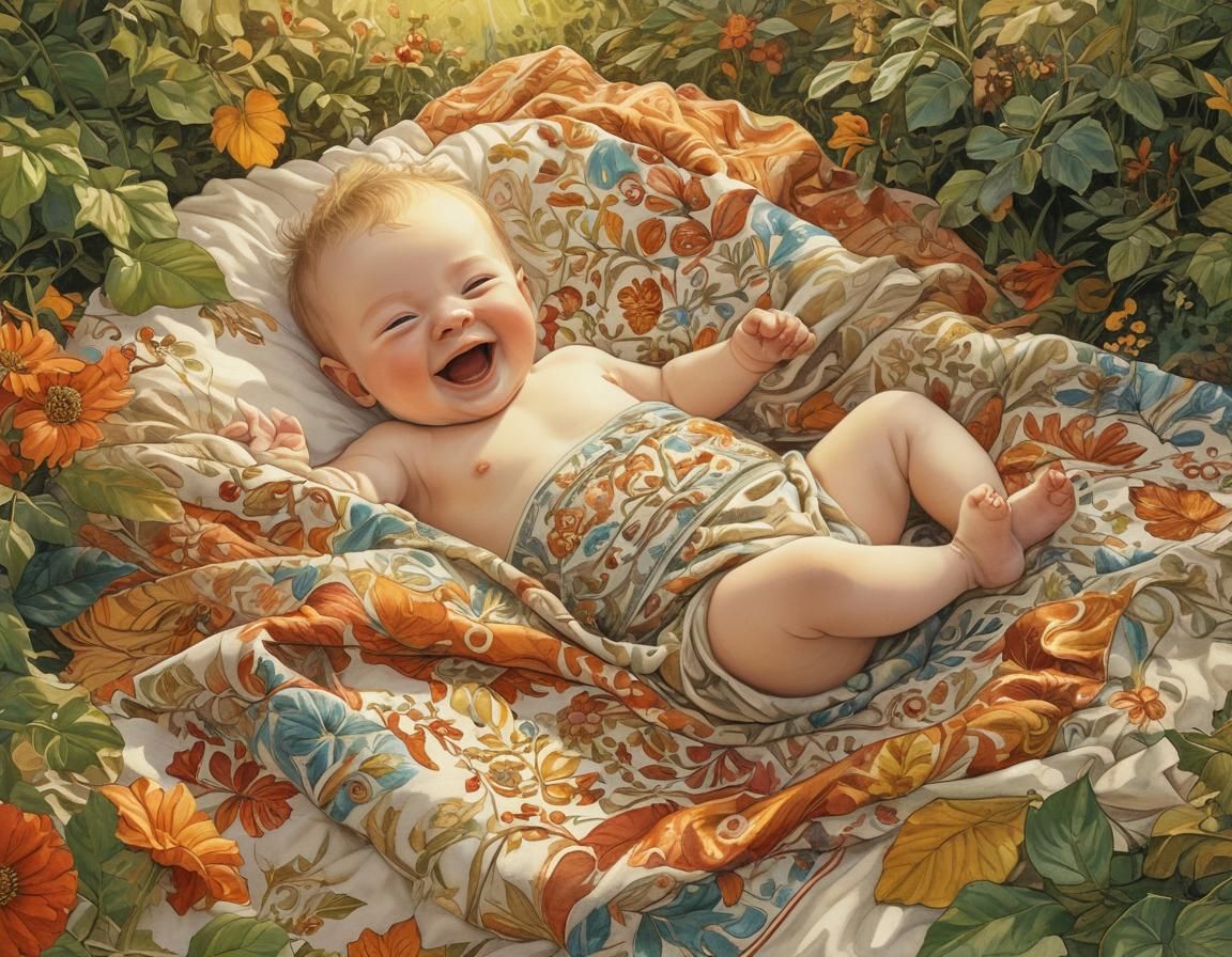 Whimsical Garden Scene with Laughing Baby in Colorful Embroi...