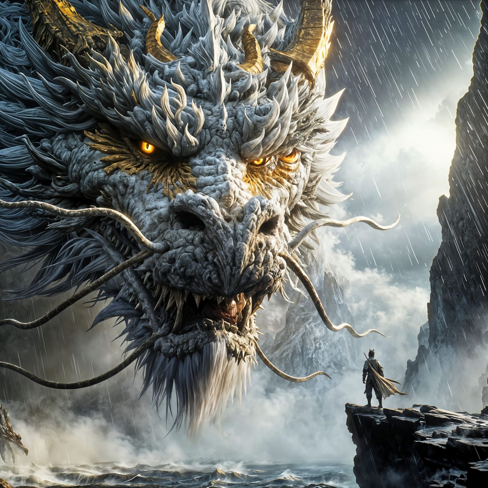 Colossal Dragon Confronts Knight in Stormy Digital Art