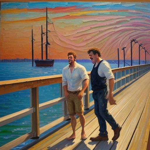Men Screaming on Pier in Expressionist Oil Painting