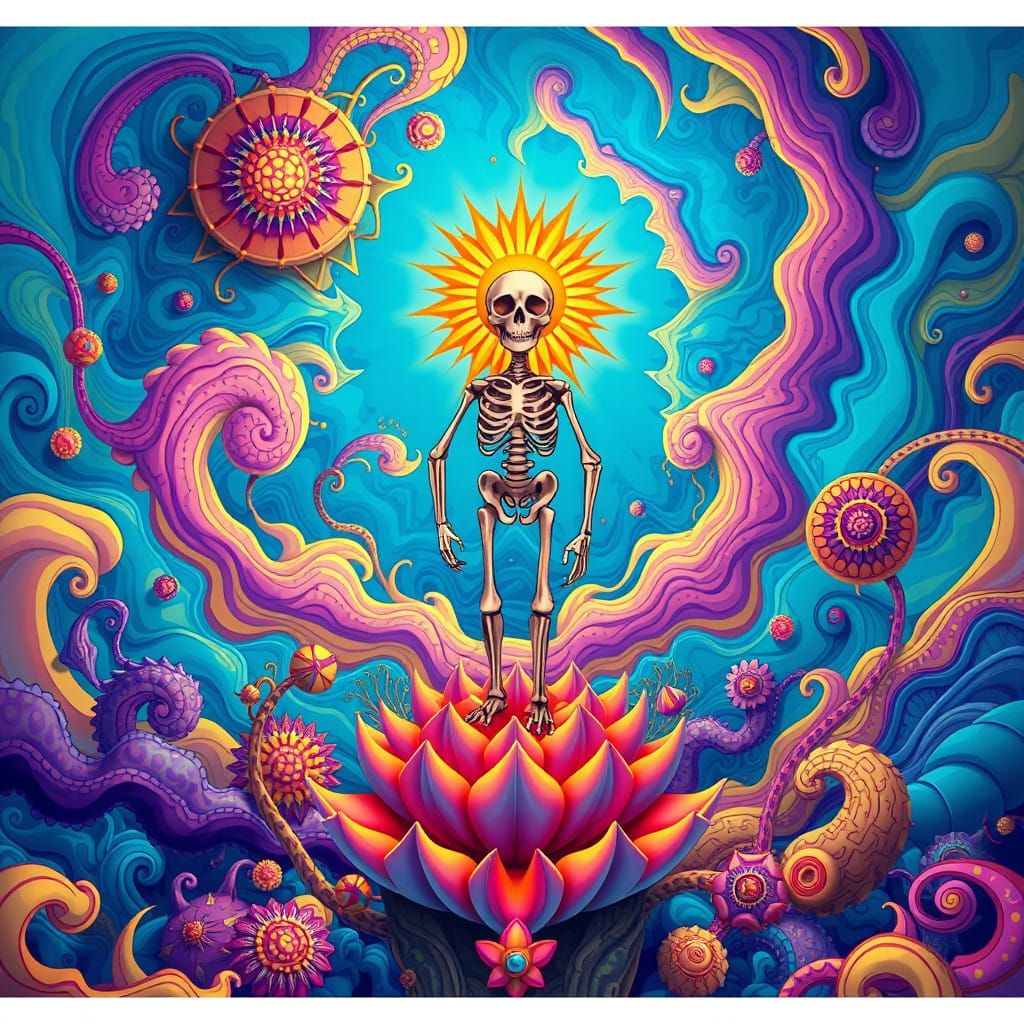 Surreal Psychedelic Figure in Vibrant, Swirling Vortex
