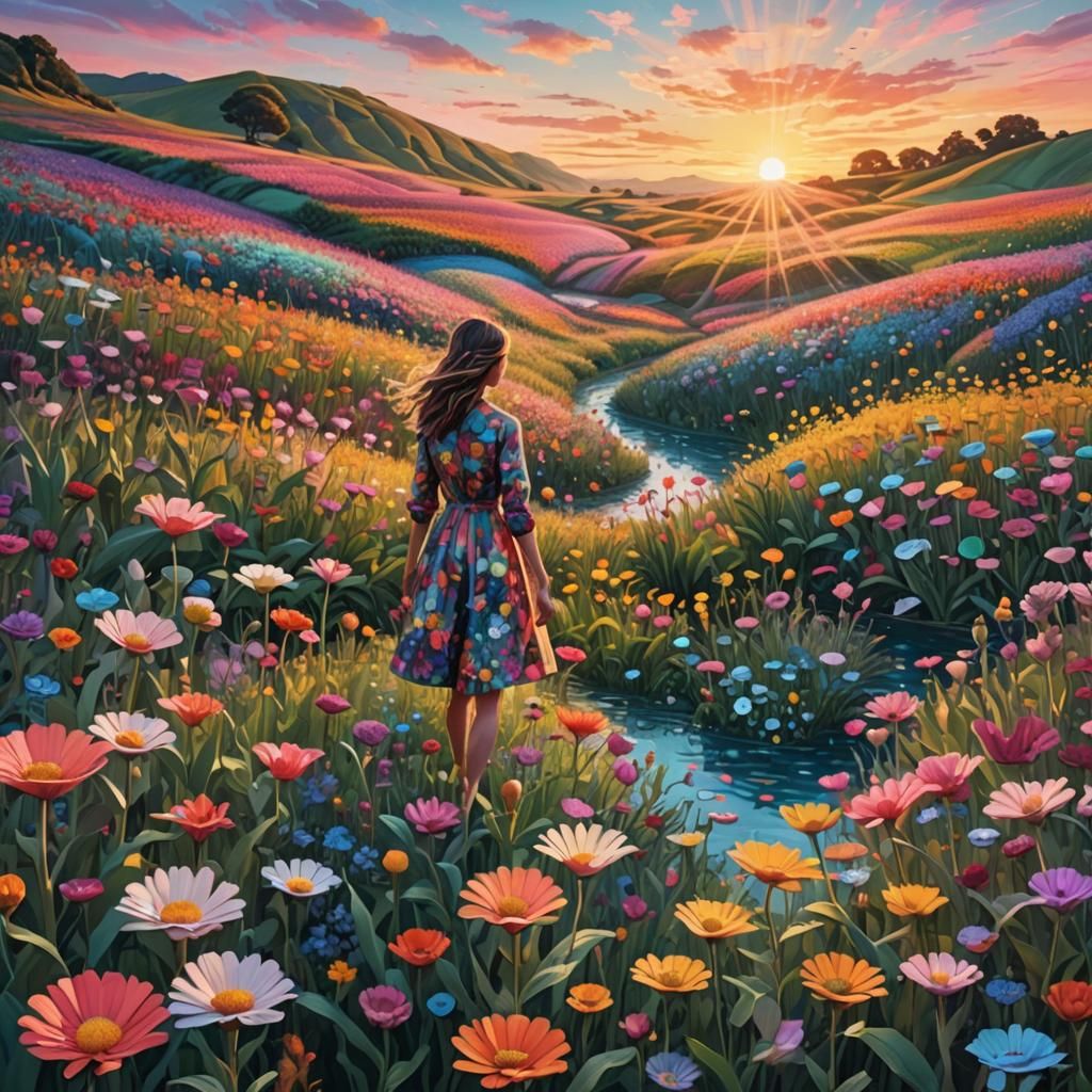 Magical Maximalist Flower Field at Dawn in 3D