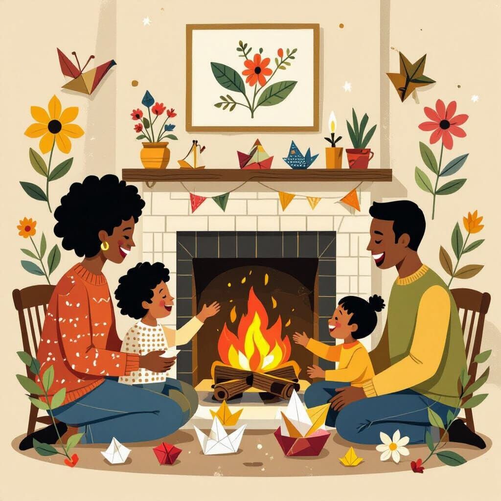 Black Family's Joyful Gathering in Paper Art Style