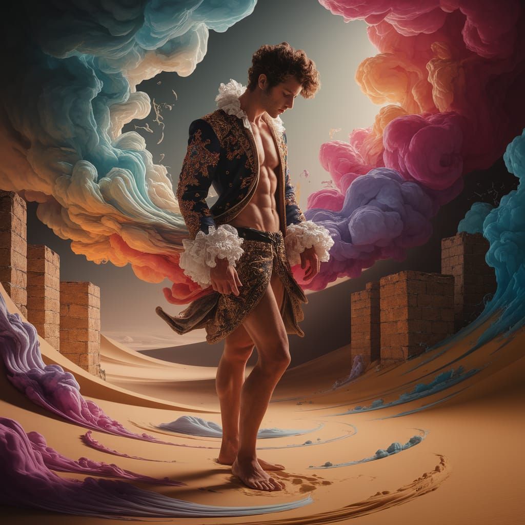 Contemplative Male Figure in Ornate Clothing Amidst Ethereal...