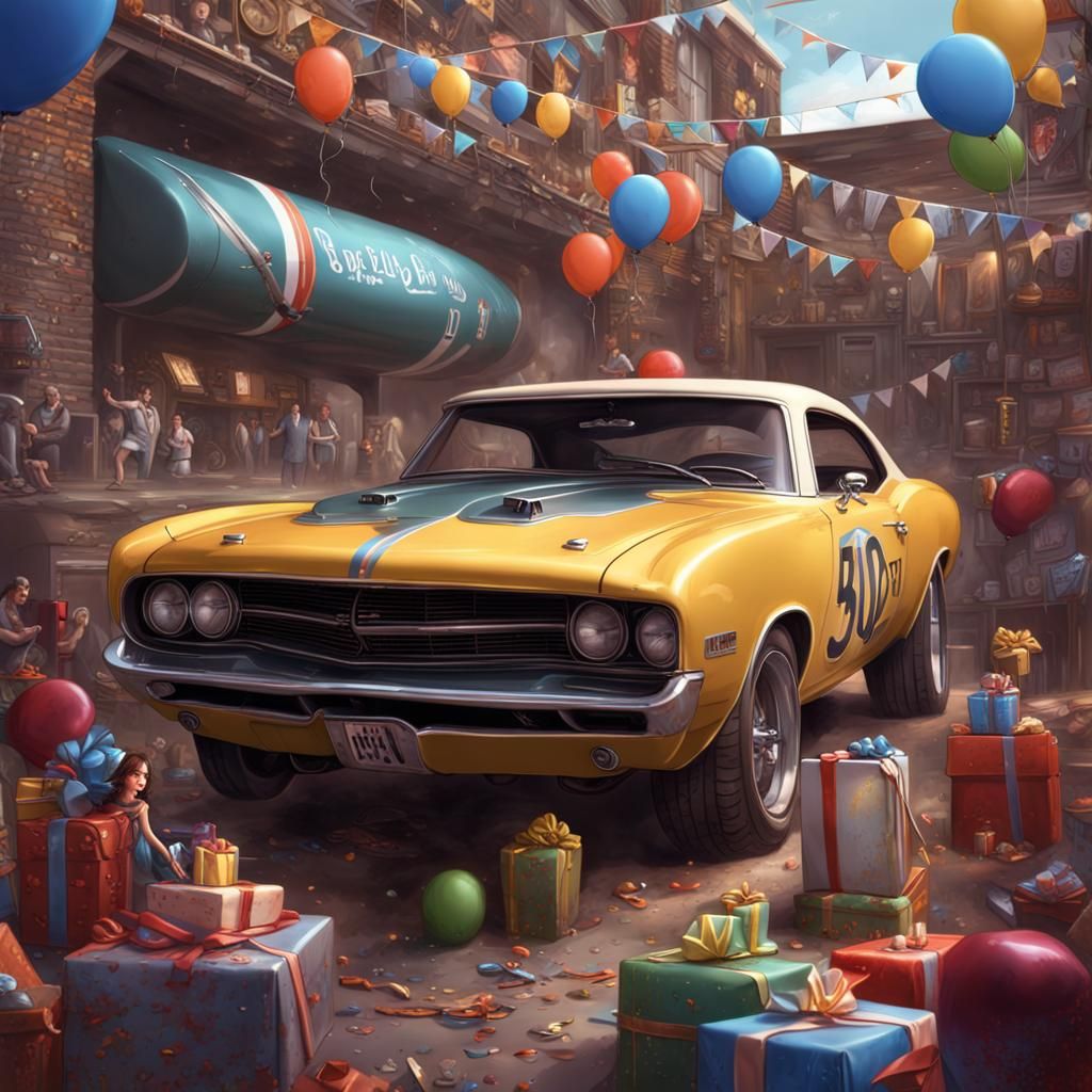 Birthday Card Design with Muscle Cars in Digital Art