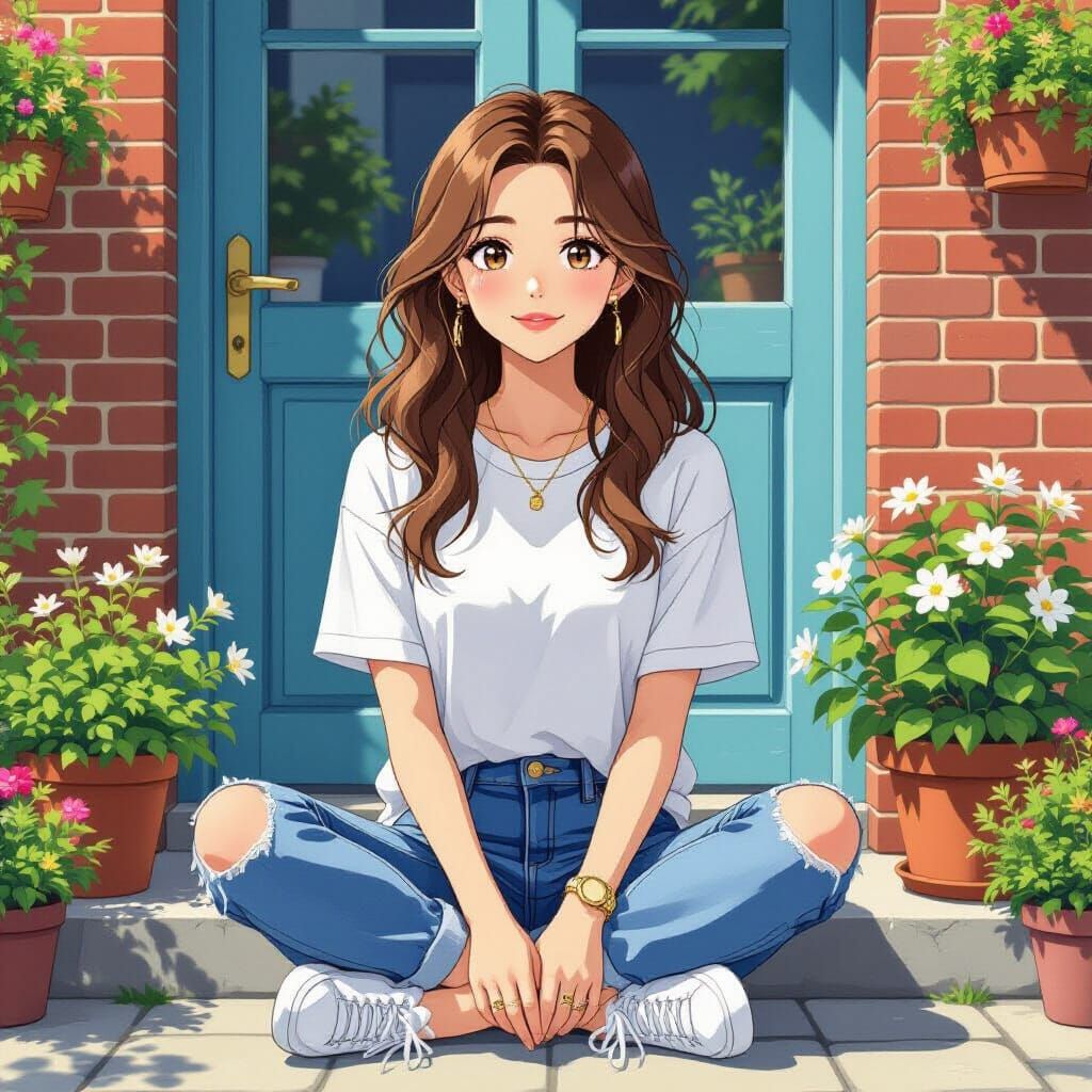 Anime Woman on Stone Steps with Brick Wall