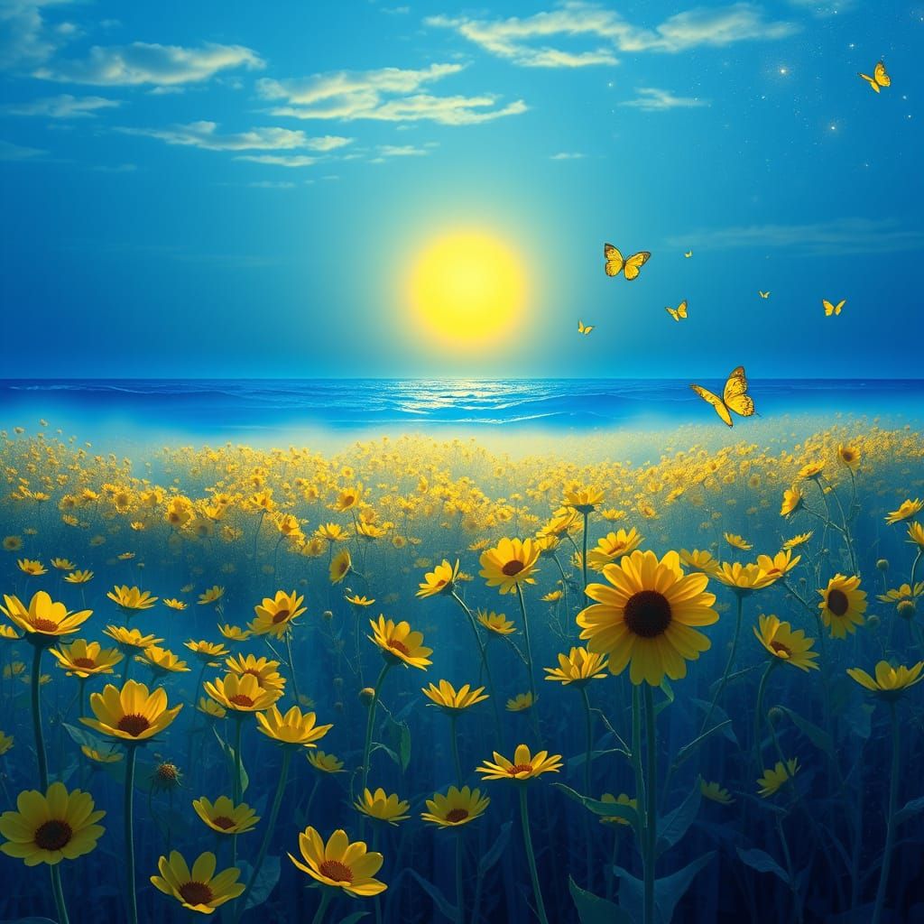 Surreal Golden Sun Drips Light on Sapphire Waves