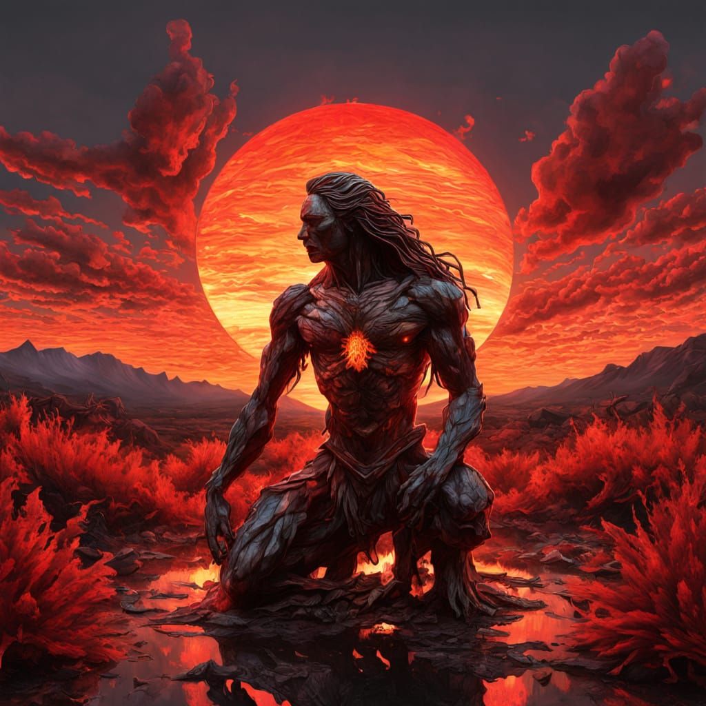 Fire-Red Sunset Sculpture with Mythological Bio Art